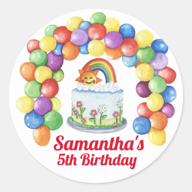 Happy Birthday Colourful Cake Watercolor Baloons Classic Round Sticker (Front)