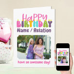 Happy Birthday Colourful Candles Cute Photo Card<br><div class="desc">Personalised Happy Birthday photo card lettered with colourful candles. The template is ready for you to add 3 of your favourite photos and personalise the wording with a name or relation (Isabella / bestie / sister, for example), a message at the bottom such as "have an awesome day!". You can...</div>