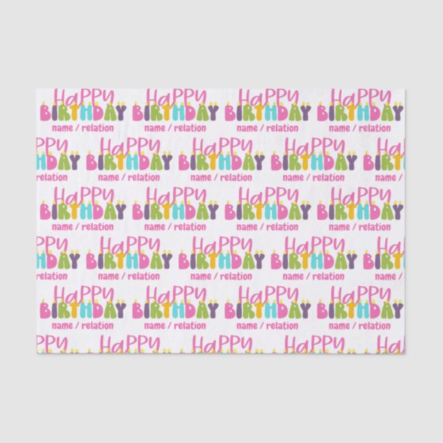 Happy Birthday Colourful Candles Personalised Tissue Paper (Front)