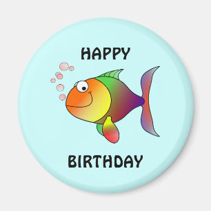 HAPPY BIRTHDAY, colourful cartoon fish, button Magnet