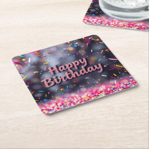 Happy Birthday Colourful Confetti & Sweets Square Paper Coaster