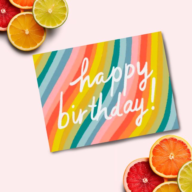 HAPPY BIRTHDAY Colourful Cool & Fun Rainbow Stripe Postcard (Colorful rainbow stripes custom happy birthday postcard)