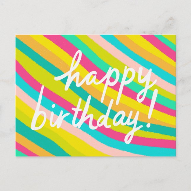 HAPPY BIRTHDAY Colourful Cool & Fun Rainbow Stripe Postcard (Front)