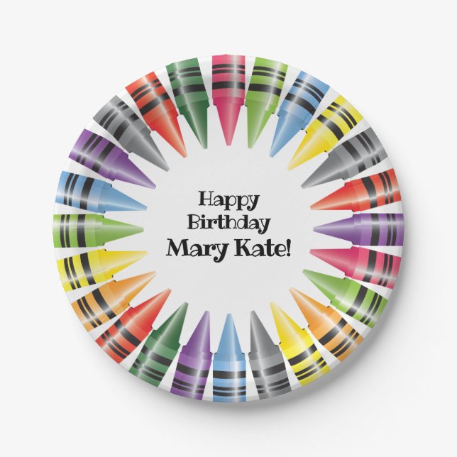 Happy Birthday Colourful Crayons Kid's Paper Plate (Front)