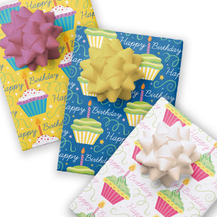 Happy Birthday Colourful Cupcakes Wrapping Paper Sheet