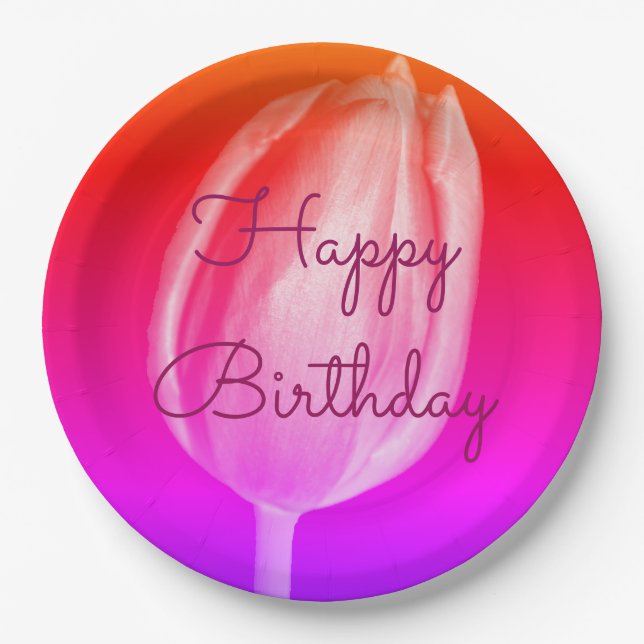 Happy Birthday Colourful Flower Tulips Pink Purple Paper Plate (Front)
