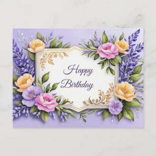 Happy Birthday Colourful Flowers on Lavender Postcard