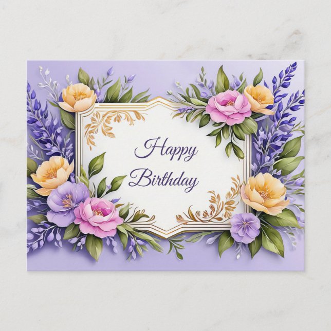 Happy Birthday Colourful Flowers on Lavender  Postcard (Front)