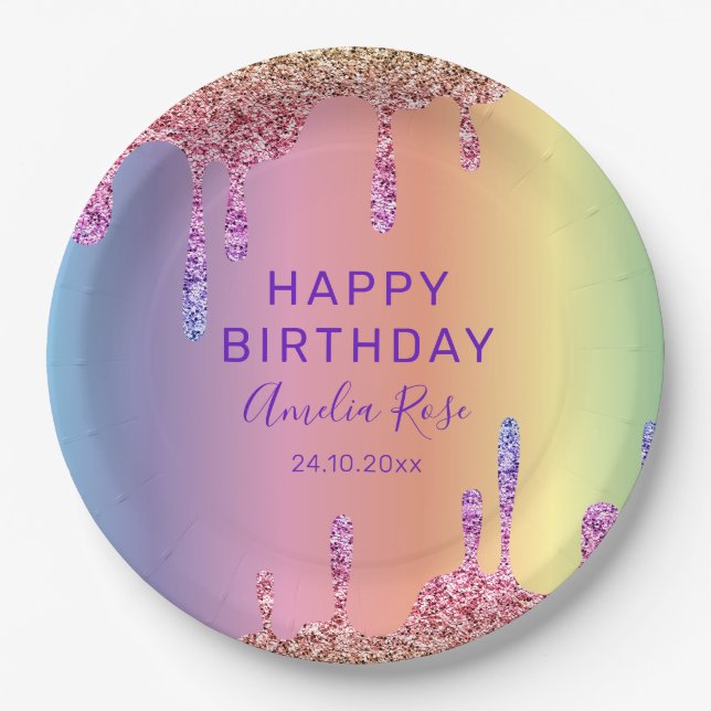 Happy Birthday Colourful Glitter Drips Party Paper Plate (Front)