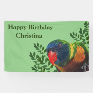 Happy Birthday Colourful Macaw Parrot Green Leaves Banner