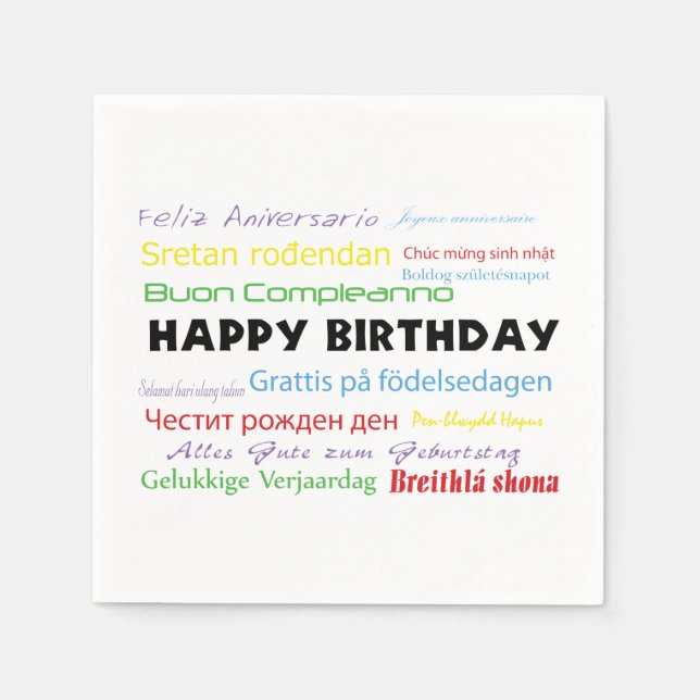 Happy Birthday Colourful Many Languages Typography Napkin (Front)