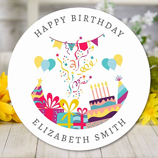 Happy Birthday Colourful Party Custom Text Classic Round Sticker (Creator Uploaded)