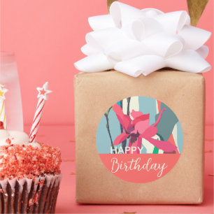 Happy Birthday Colourful Pink Magnolia Abstract Classic Round Sticker