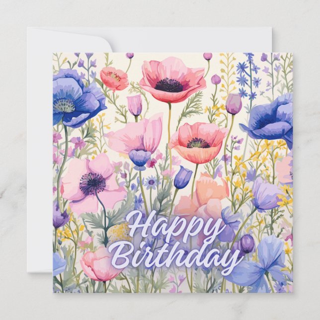 Happy Birthday Colourful Poppy Flowers  Card (Front)