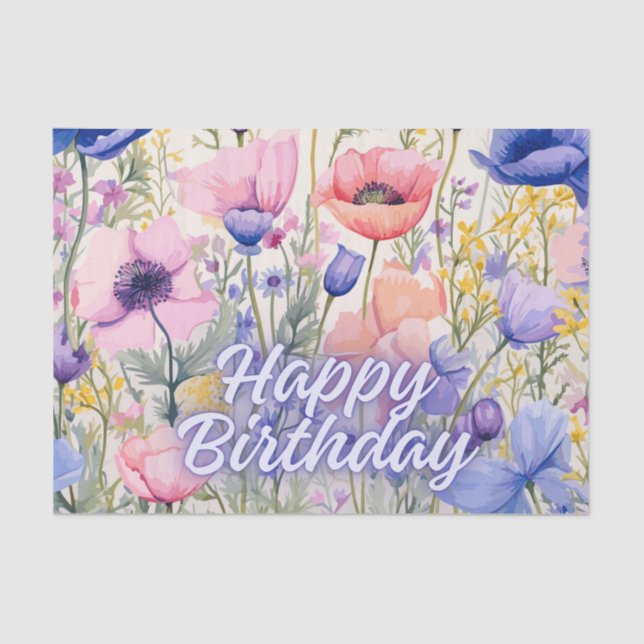 Happy Birthday Colourful Poppy Flowers  Tissue Paper (Front)