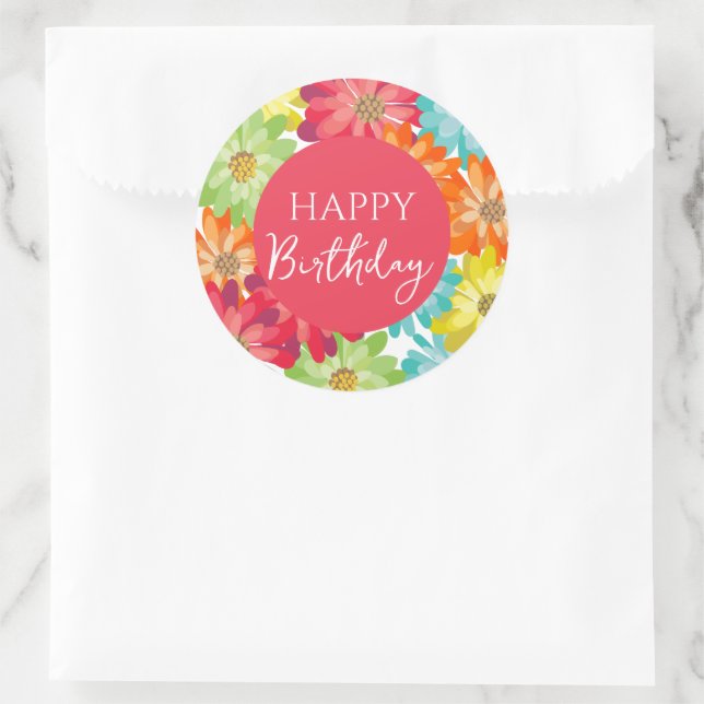 Happy Birthday Colourful Spring Flowers      Classic Round Sticker (Bag)