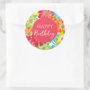 Happy Birthday Colourful Spring Flowers Classic Round Sticker