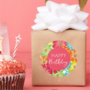 Happy Birthday Colourful Spring Flowers Classic Round Sticker
