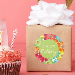 Happy Birthday Colourful Spring Flowers     Classic Round Sticker