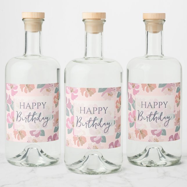 Happy Birthday Colourful Spring Flowers  Liquor Bottle Label (Bottles)
