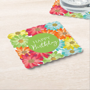 Happy Birthday Colourful Spring Flowers Paper Coaster