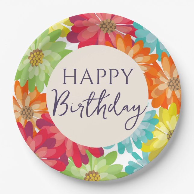 Happy Birthday Colourful Spring Flowers      Paper Plate (Front)