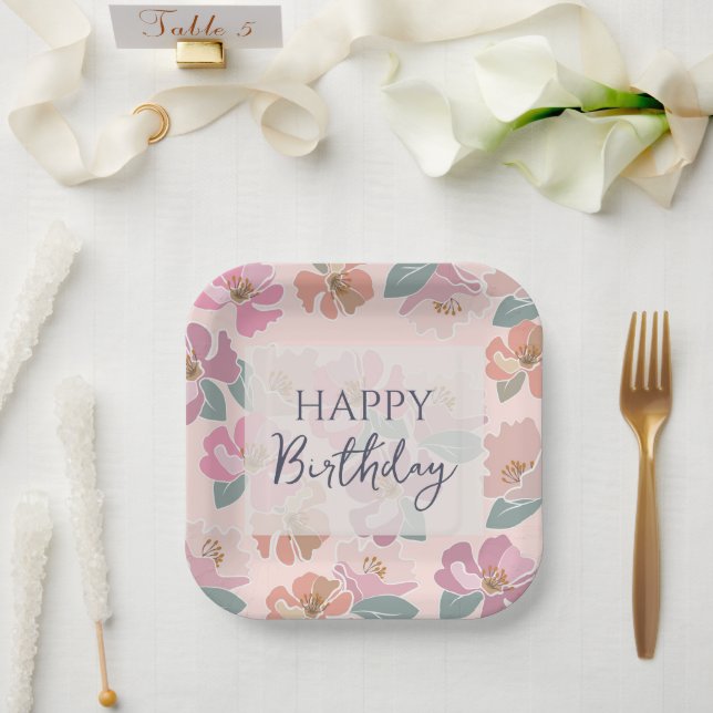 Happy Birthday Colourful Spring Flowers  Paper Plate (Wedding)