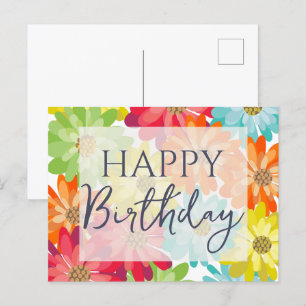 Happy Birthday Colourful Spring Flowers     Postcard