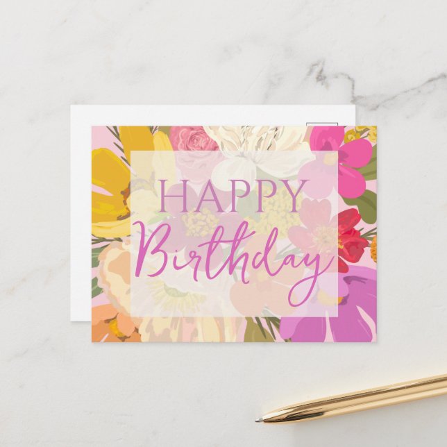 Happy Birthday Colourful Spring Flowers     Postcard (Front/Back In Situ)