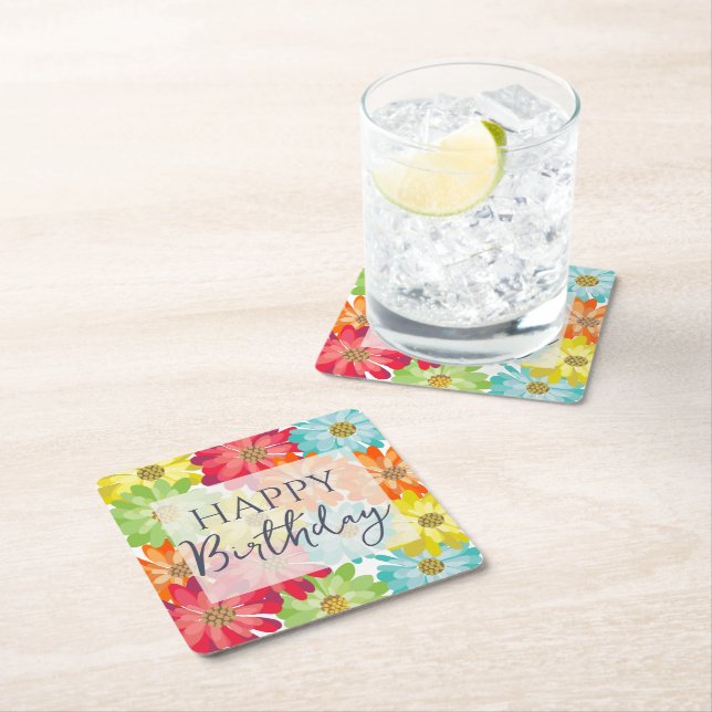 Happy Birthday Colourful Spring Flowers   Square Paper Coaster (Insitu)