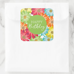 Happy Birthday Colourful Spring Flowers      Square Sticker