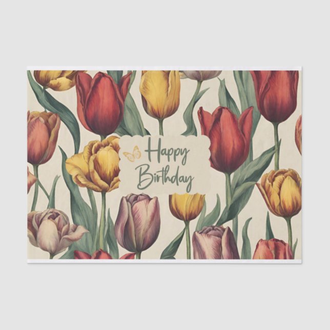 Happy Birthday Colourful Tulip Flowers Tissue Paper (Front)