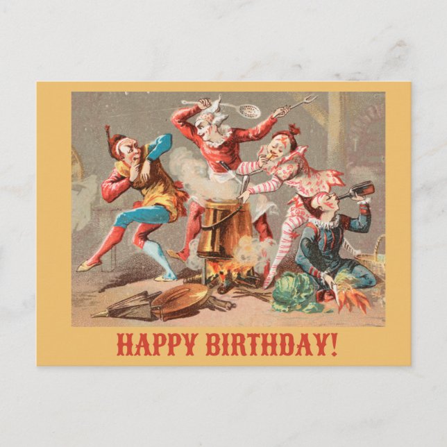 Happy Birthday Colourful Vintage Clowns Postcard (Front)