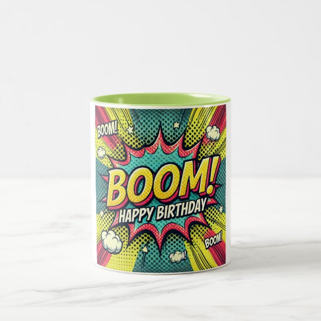 Happy Birthday Comic Book Boom Two-Tone Coffee Mug (Center)