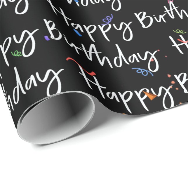 Happy Birthday Confetti on Black Wrapping Paper (Roll Corner)