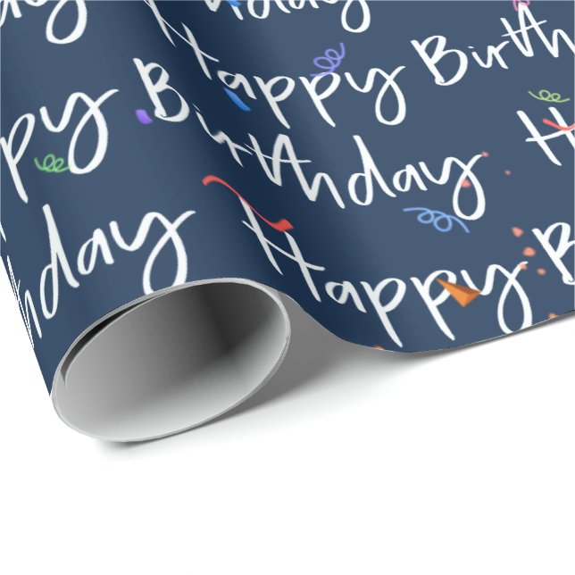 Happy Birthday Confetti on Navy Wrapping Paper (Roll Corner)