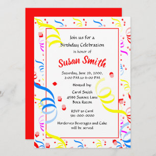 Happy Birthday Confetti Streamer Party  Invitation