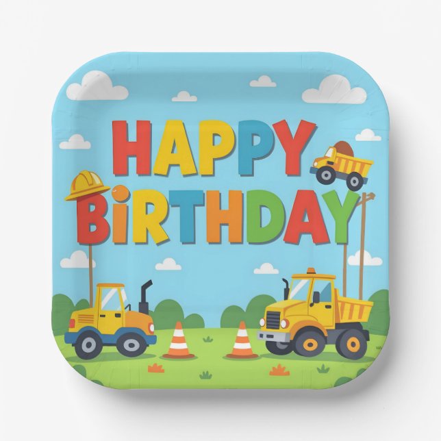 Happy birthday construction builder theme paper plate (Front)