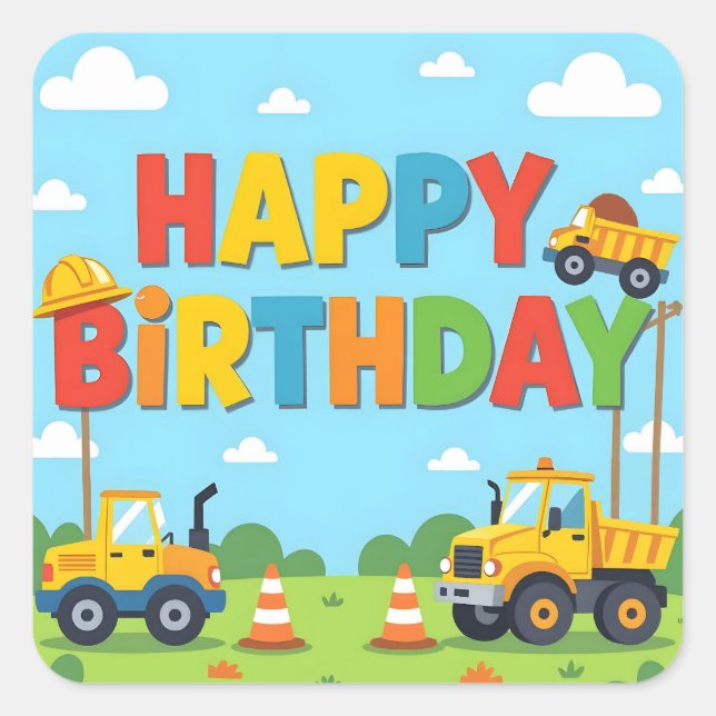 Happy birthday construction builder theme square sticker (Front)