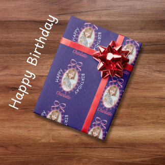 Happy Birthday Coquette Bow Custom Photo Name Wrapping Paper