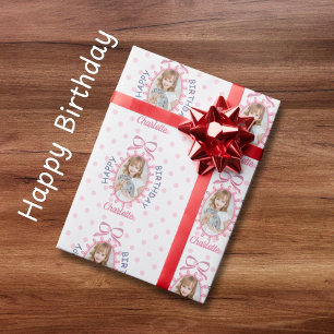 Happy Birthday Coquette Bow Custom Photo Name Wrapping Paper