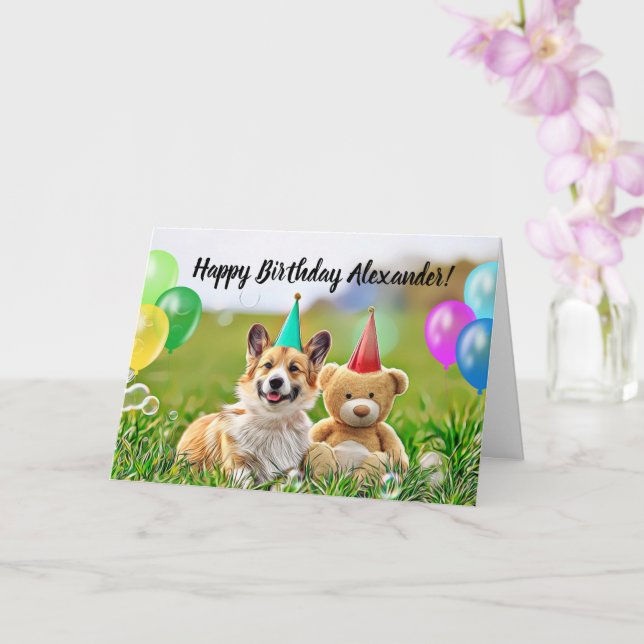 Happy Birthday Corgi Dog Folded Greeting Card (Orchid)