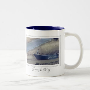 Happy birthday Cornish fishing boat on beach Two-Tone Coffee Mug