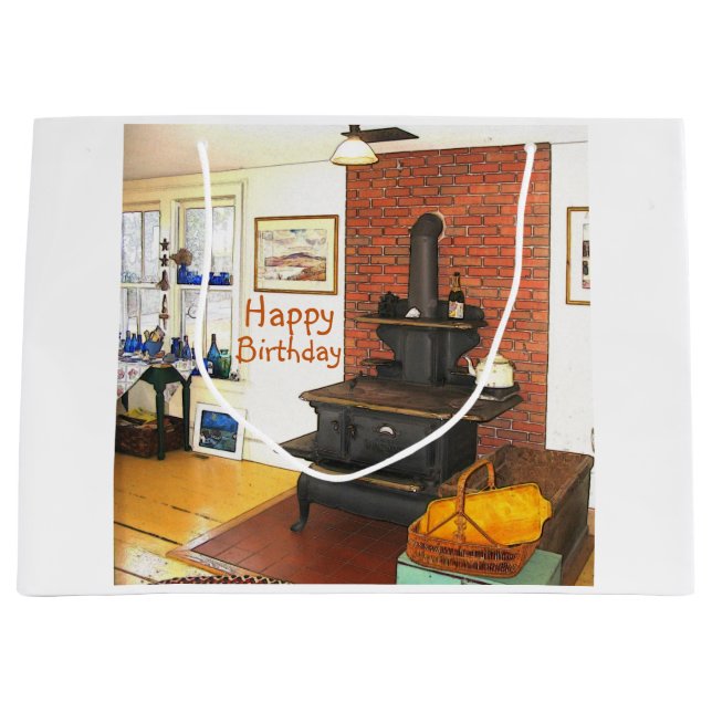 Happy Birthday Country Kitchen Wood Stove Large Gift Bag (Front)