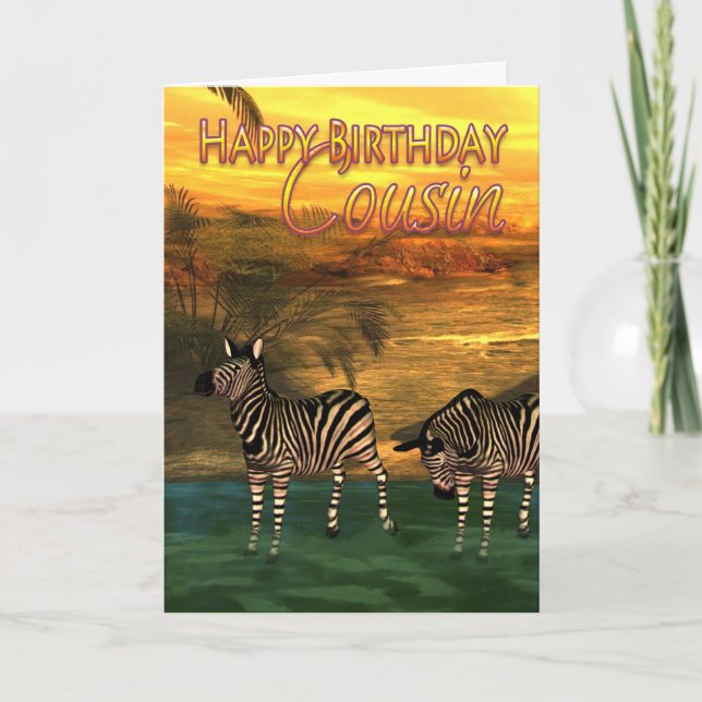 Happy Birthday Cousin Zebras In Water Card (Front)