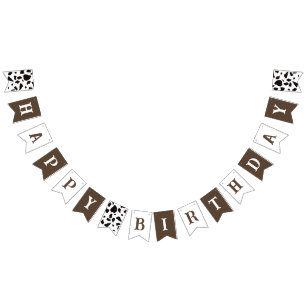 Happy Birthday Cow Print Brown and White Bunting
