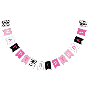 Happy Birthday Cow Print Pink Black and White Bunting