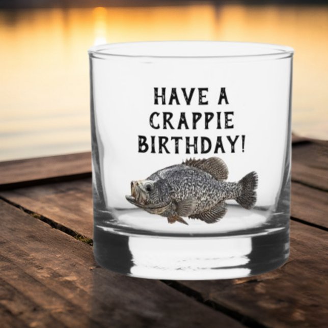Happy Birthday Crappie Fishing Angler Custom Whiskey Glass (A birthday themed crappie fishing whiskey glass is a one of a kind gift.)