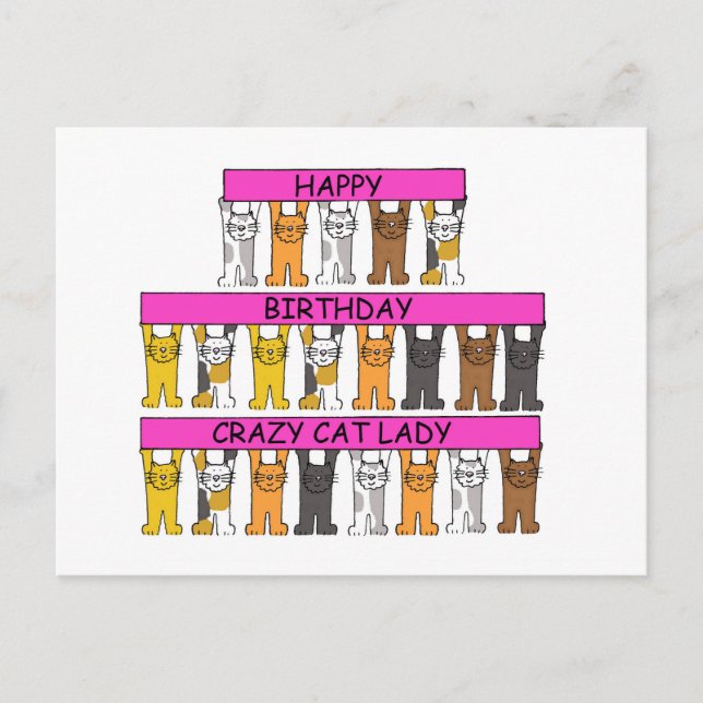 Happy Birthday Crazy Cat Lady Cartoon Cats Postcard (Front)