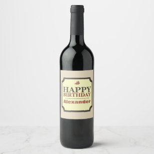 Happy Birthday, Cream, Brown, Red Personalised Wine Label